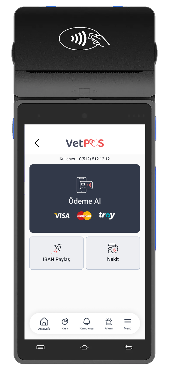 Klinik tezgâhında duran, fiş yazıcılı VetPOS Android POS cihazı