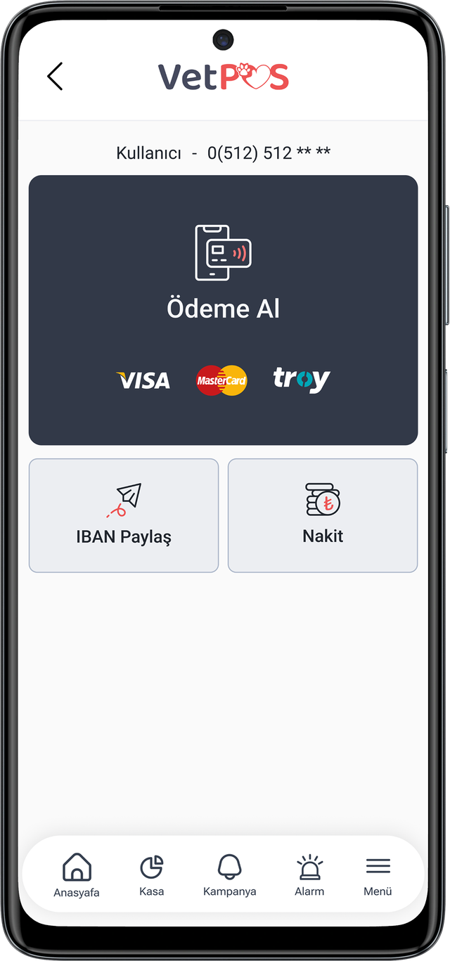 VetPOS uygulaması açık bir telefon: Ödeme Al ekranı